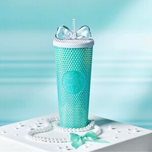 NWT HTF Starbucks Tiffany Blue Studded Tumbler Bow Straw, 24 oz.